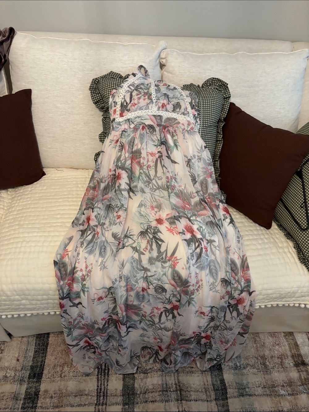 Boston Proper Floral Chiffon Maxi Dress in Cream, Pink, Green